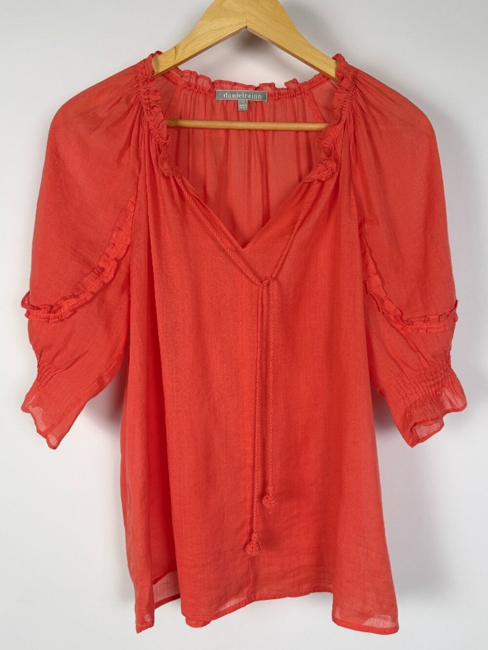 Daniel Rainn Coral Ruffle Peasant Blouse | Ramie Cotton | Size M